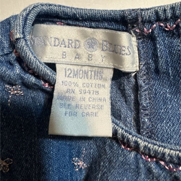Adorable Blue Denim Baby Dress 12 Mo Dragonfly Flowers Back Buttons Cotton - Picture 2 of 7